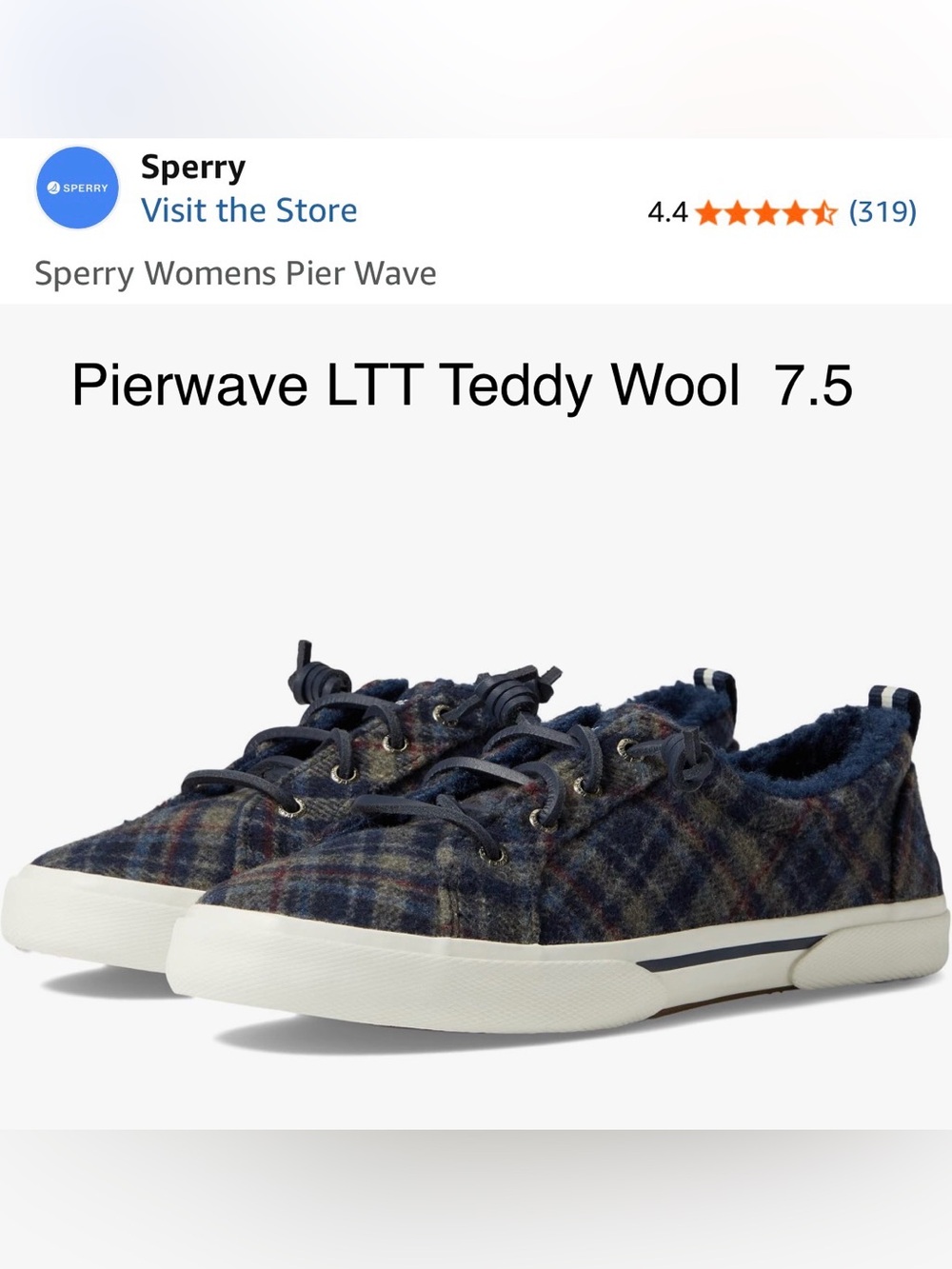 Sperry Pierwave LTT Navy Plaid Teddy Wool Slip-On Sneakers 7.5 NWOT